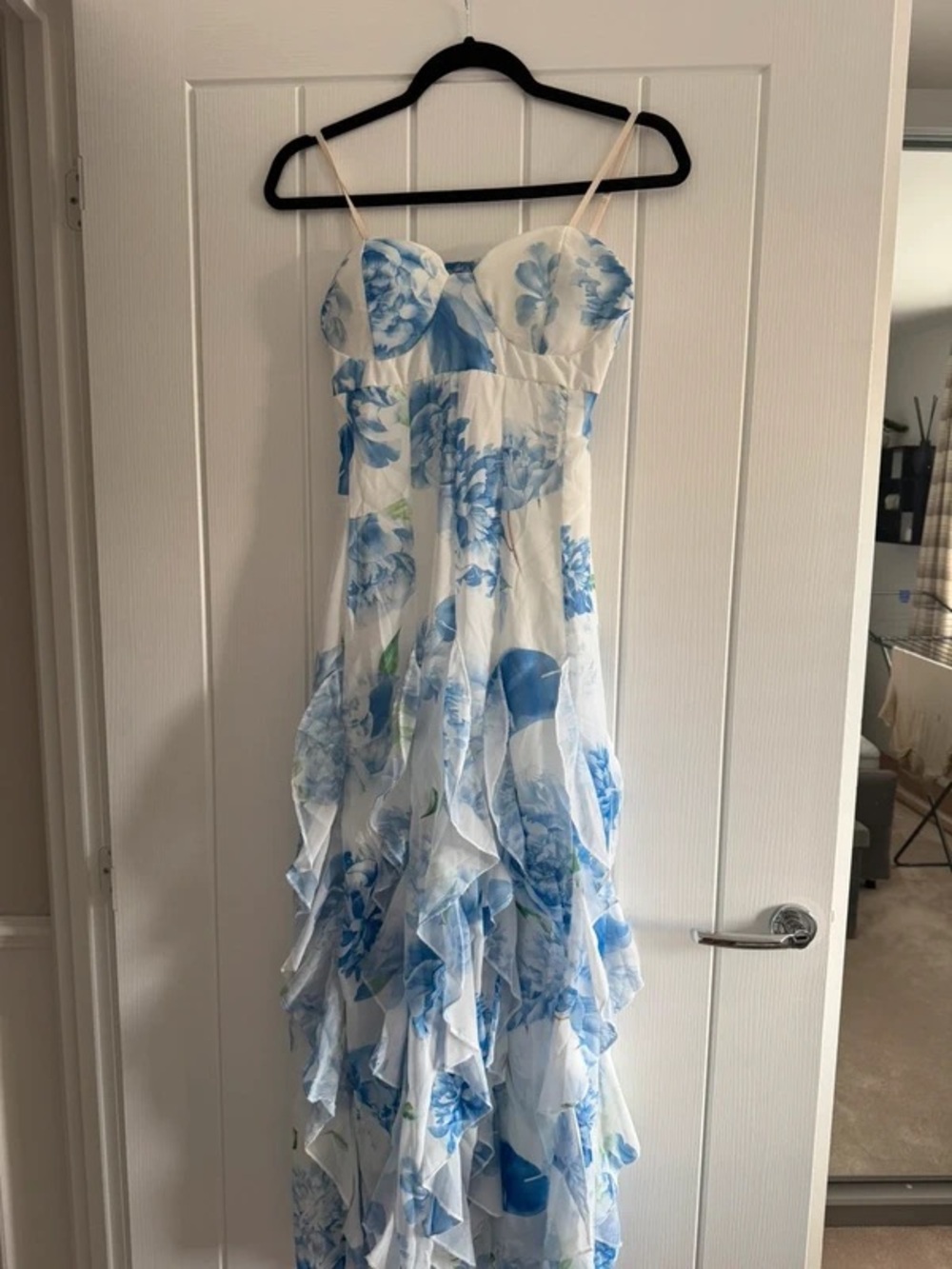 White and Blue Floral Maxi Dress with Ruffle Tiers